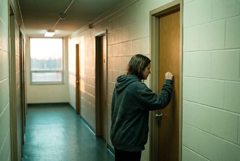Dorm hallway in morning light, closed doors, someone knocking