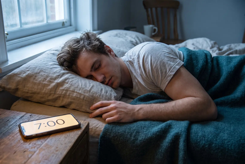 Phone alarm going off on a nightstand at 7:00, the person beside it sleeps on