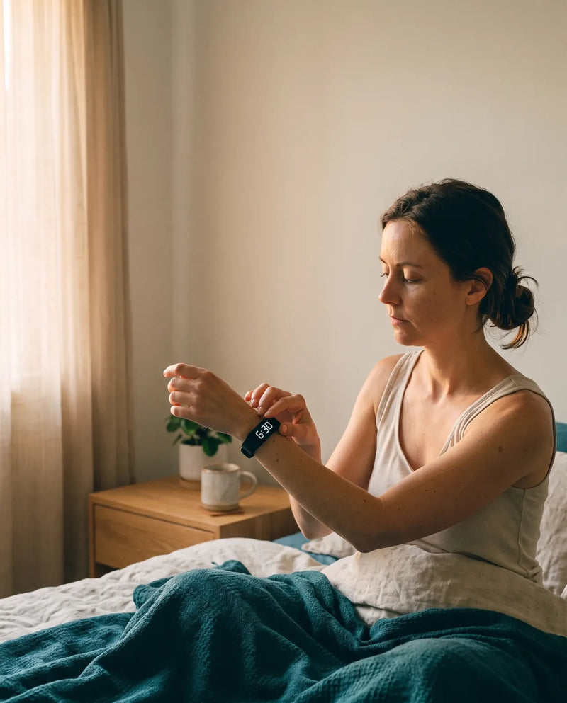 A woman sitting up in bed in morning light, touching the Touchwake band on her wrist
