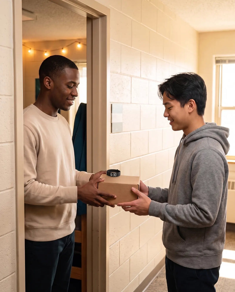 A student at his dorm room door hands a neighbor a small box with the Touchwake band on top