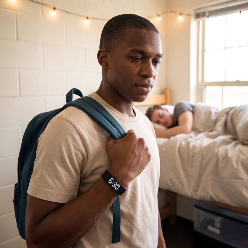 A student with his backpack on one shoulder, the Touchwake band on his wrist reading 6:30, while his roommate sleeps behind him