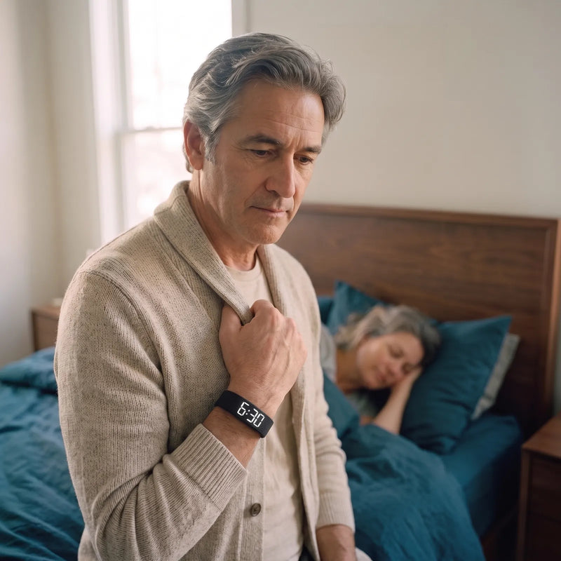 A man holds his cardigan closed, the Touchwake band on his wrist reading 6:30, while his partner sleeps behind him