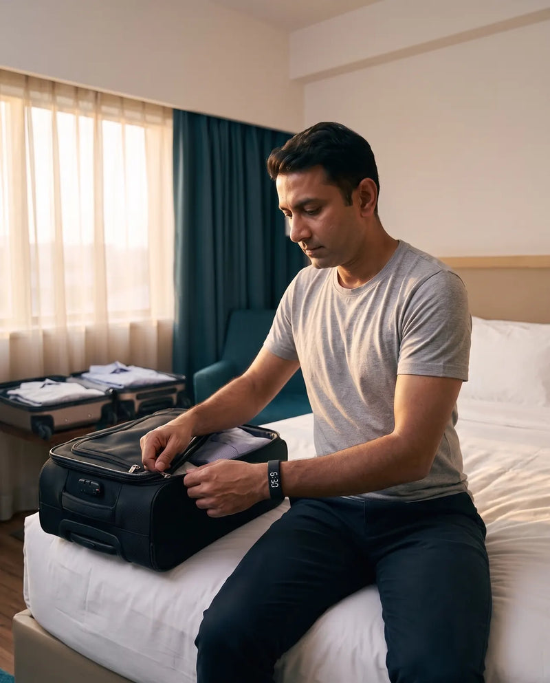 A man in a hotel room zips his suitcase, the Touchwake band on his wrist
