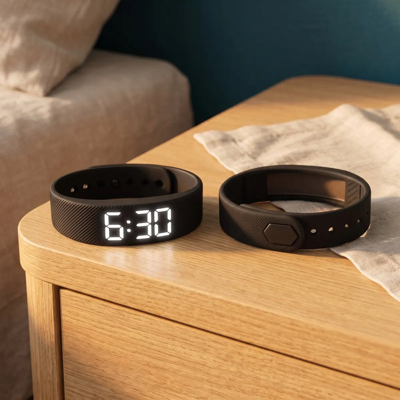 Two Touchwake bands on a wooden nightstand, one showing 6:30
