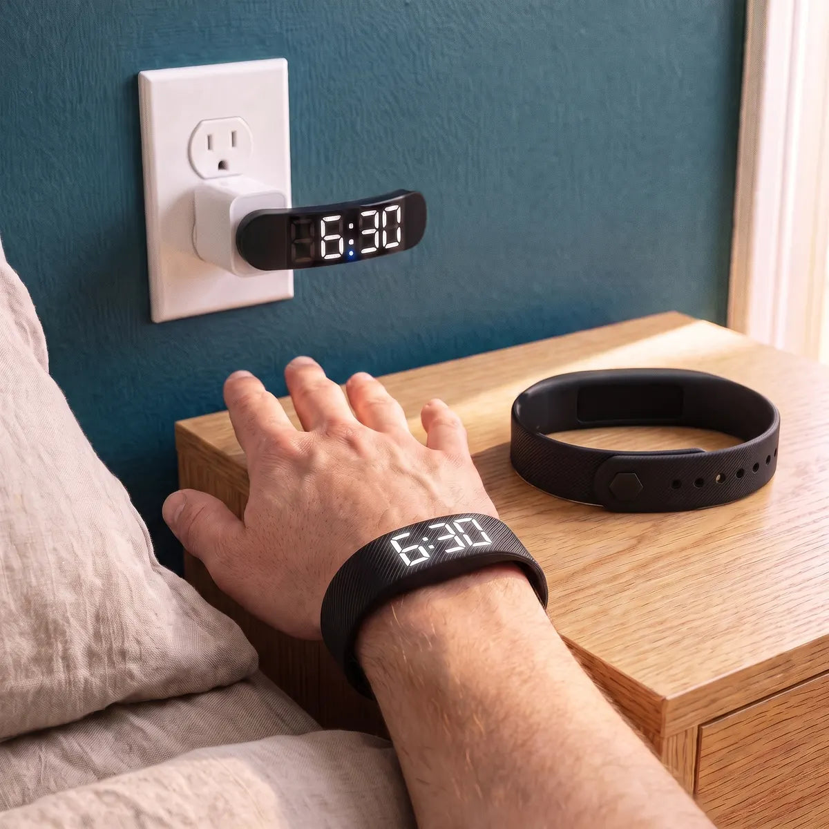 A Touchwake band on a wrist reading 6:30 while the second band's display charges in a wall plug, its strap on the nightstand