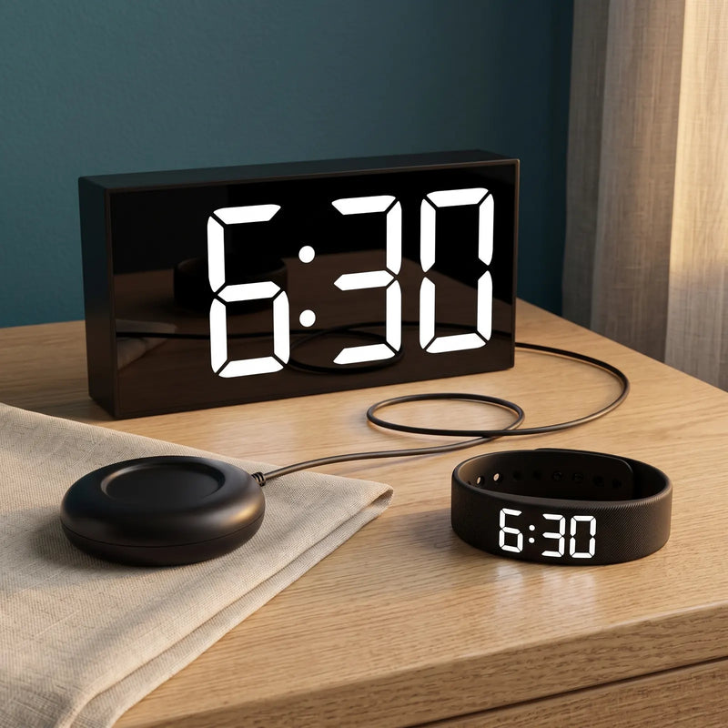 The Touchwake Shaker, its shaker pad and the Touchwake band together on a nightstand, both reading 6:30