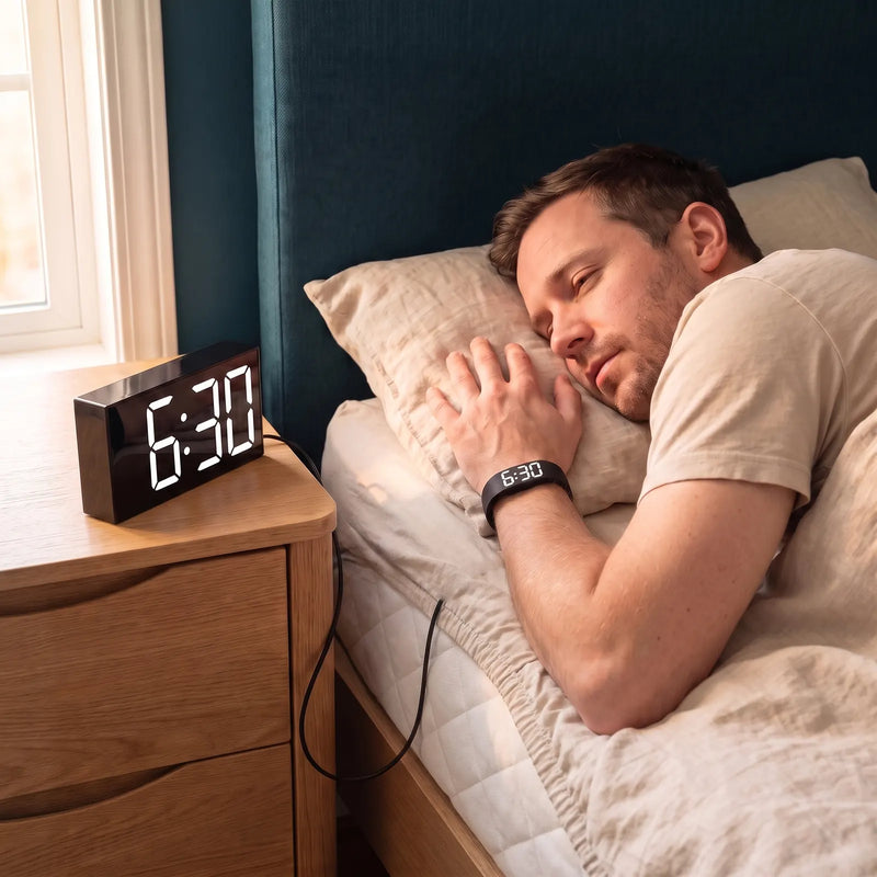 A man asleep in bed wearing the Touchwake band, the Touchwake Shaker on the nightstand beside him reading 6:30