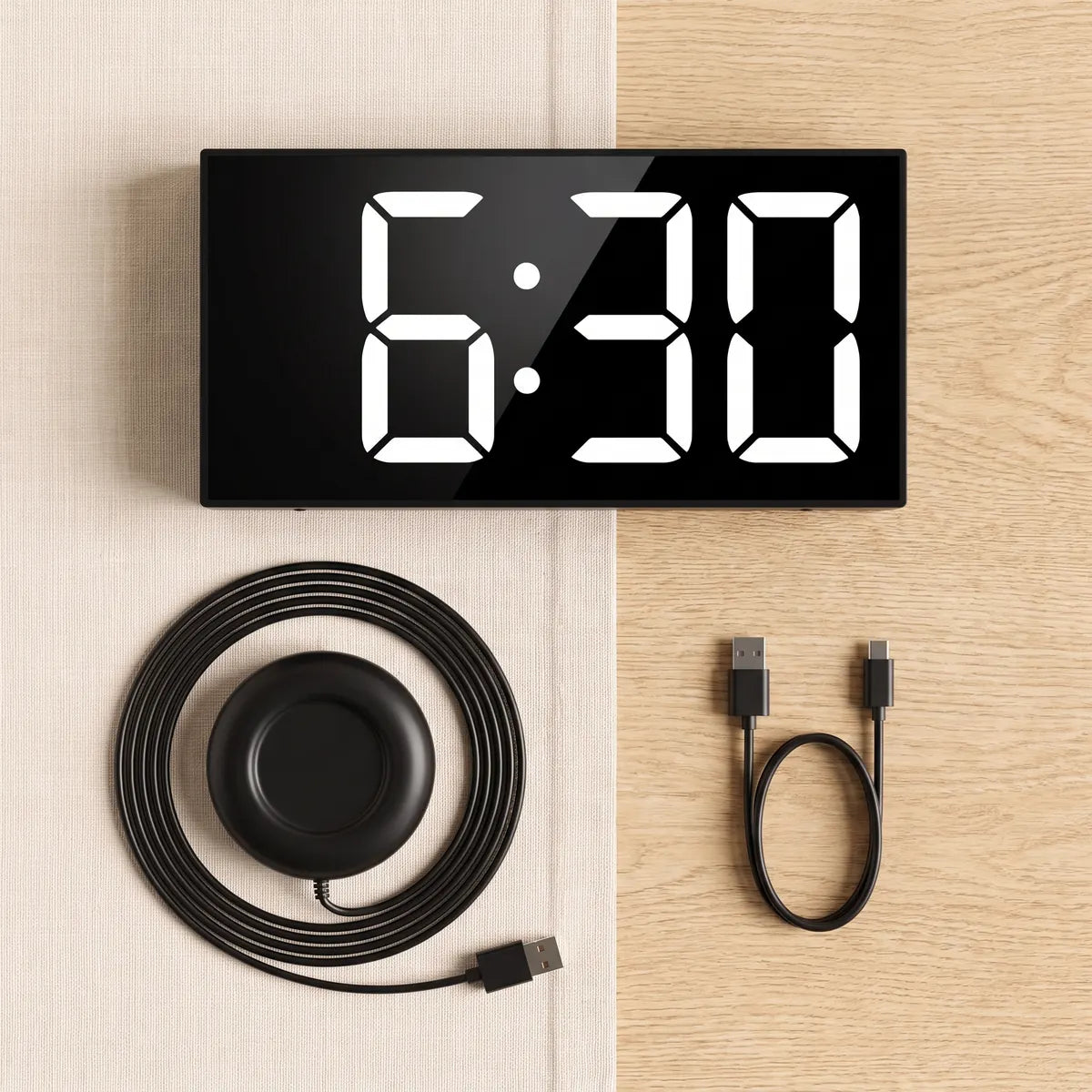 What comes with the Touchwake Shaker: the clock, the shaker pad on its long cord and a short USB cable