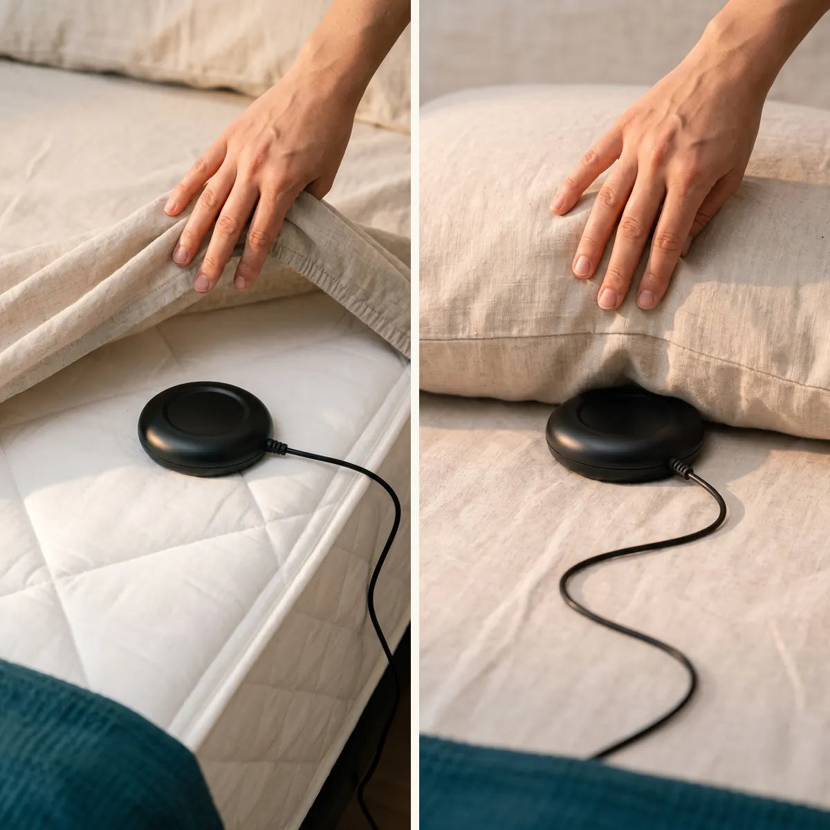 Two places for the shaker pad: under the fitted sheet at the corner of the mattress, or under the pillow