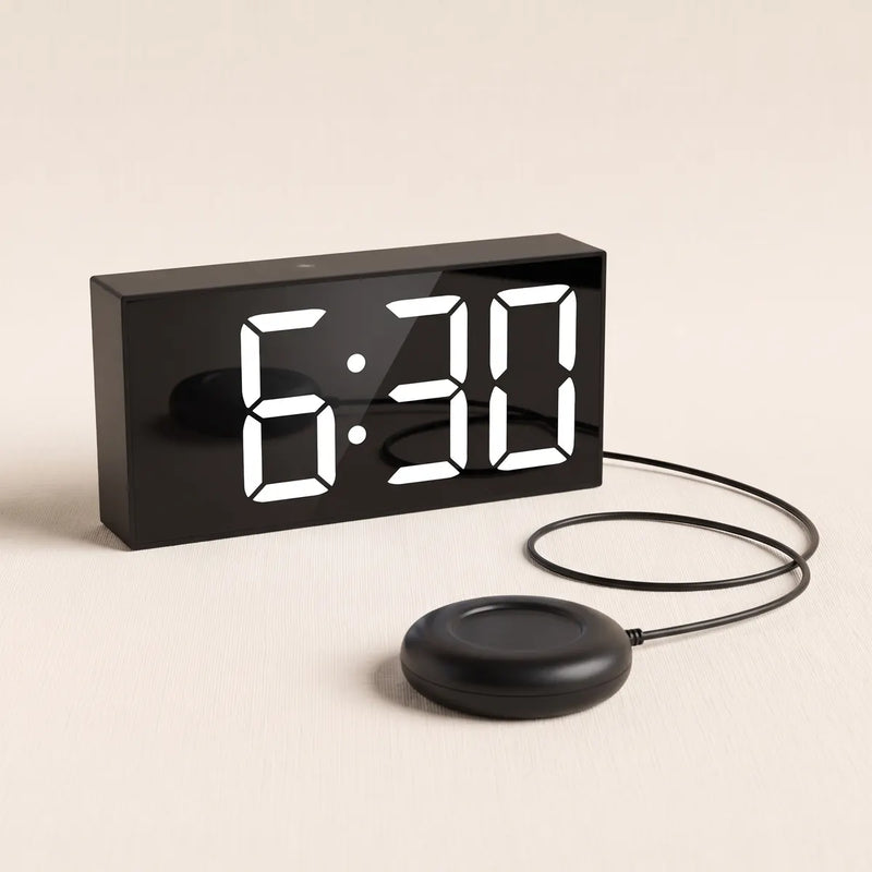 The Touchwake Shaker: a bedside clock with large 6:30 digits and a round shaker pad on a cord
