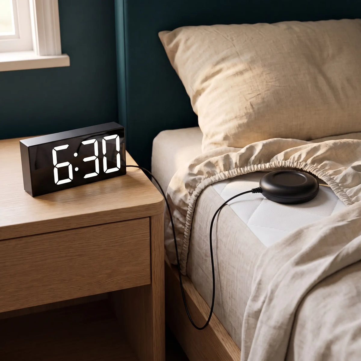 The Touchwake Shaker on a nightstand reading 6:30, its cord running to the shaker pad under the fitted sheet